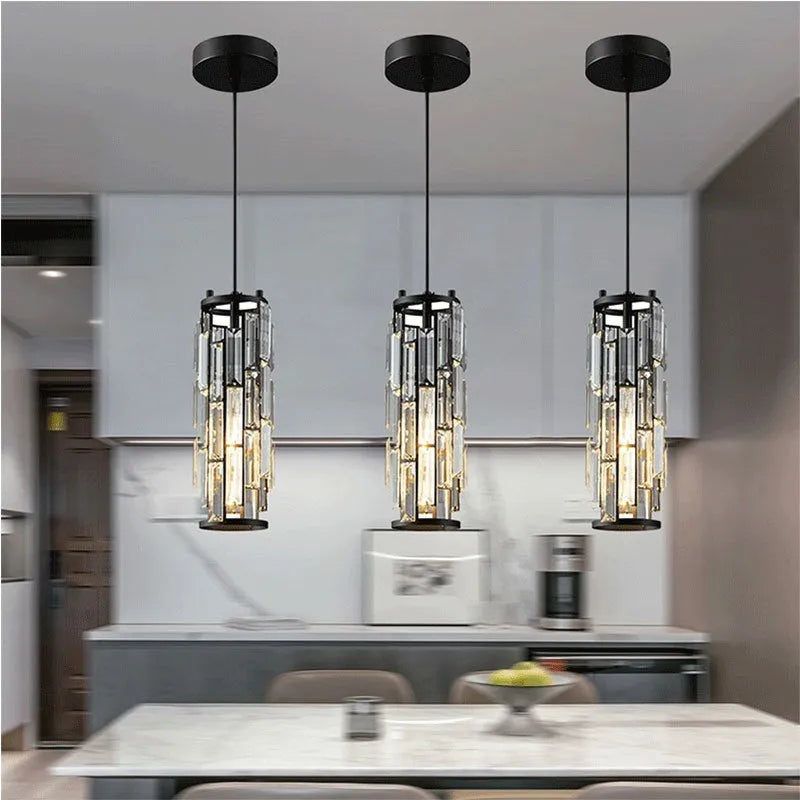Industrial-style single head LED droplight in metallic finish with crystal design elements