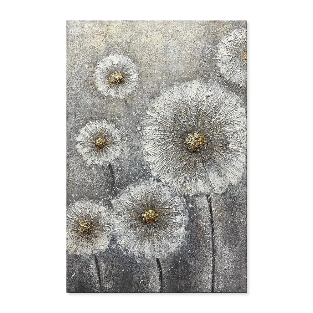 Hand-painted white flower plant oil painting on grey canvas, vertical unframed wall art for home decor