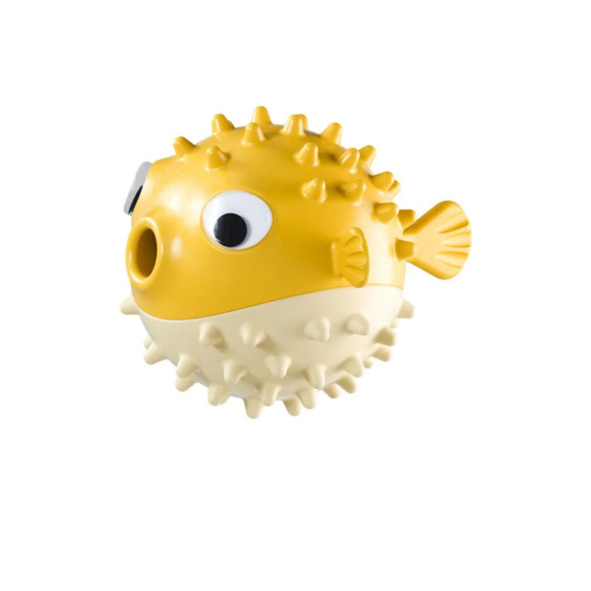 Yellow fish-shaped vinyl dog chew toy with textured surface for teeth cleaning
