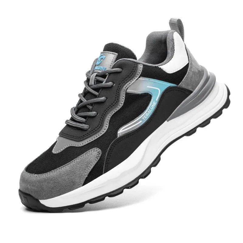 Men's low-top lace-up work safety shoes with suede and mesh upper, steel toe cap, and textured PU outsole.