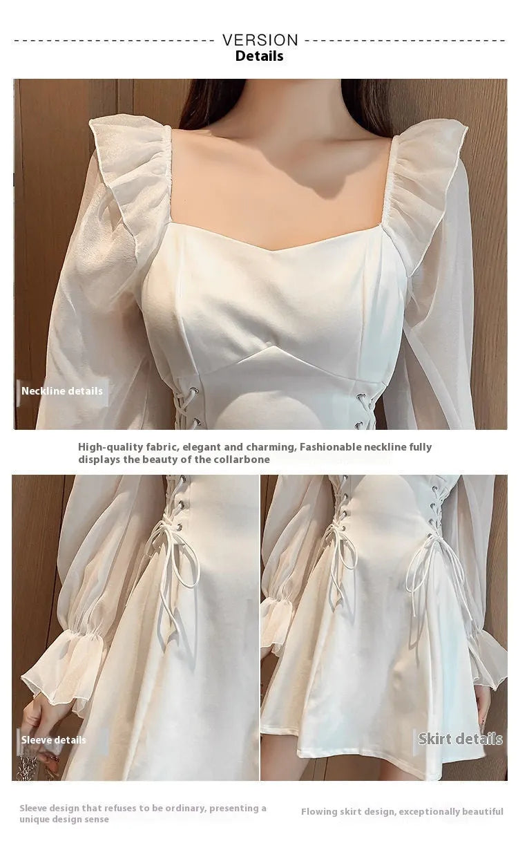 White chiffon patchwork dress on model, showing long sleeves and a long, slim-fitting skirt.
