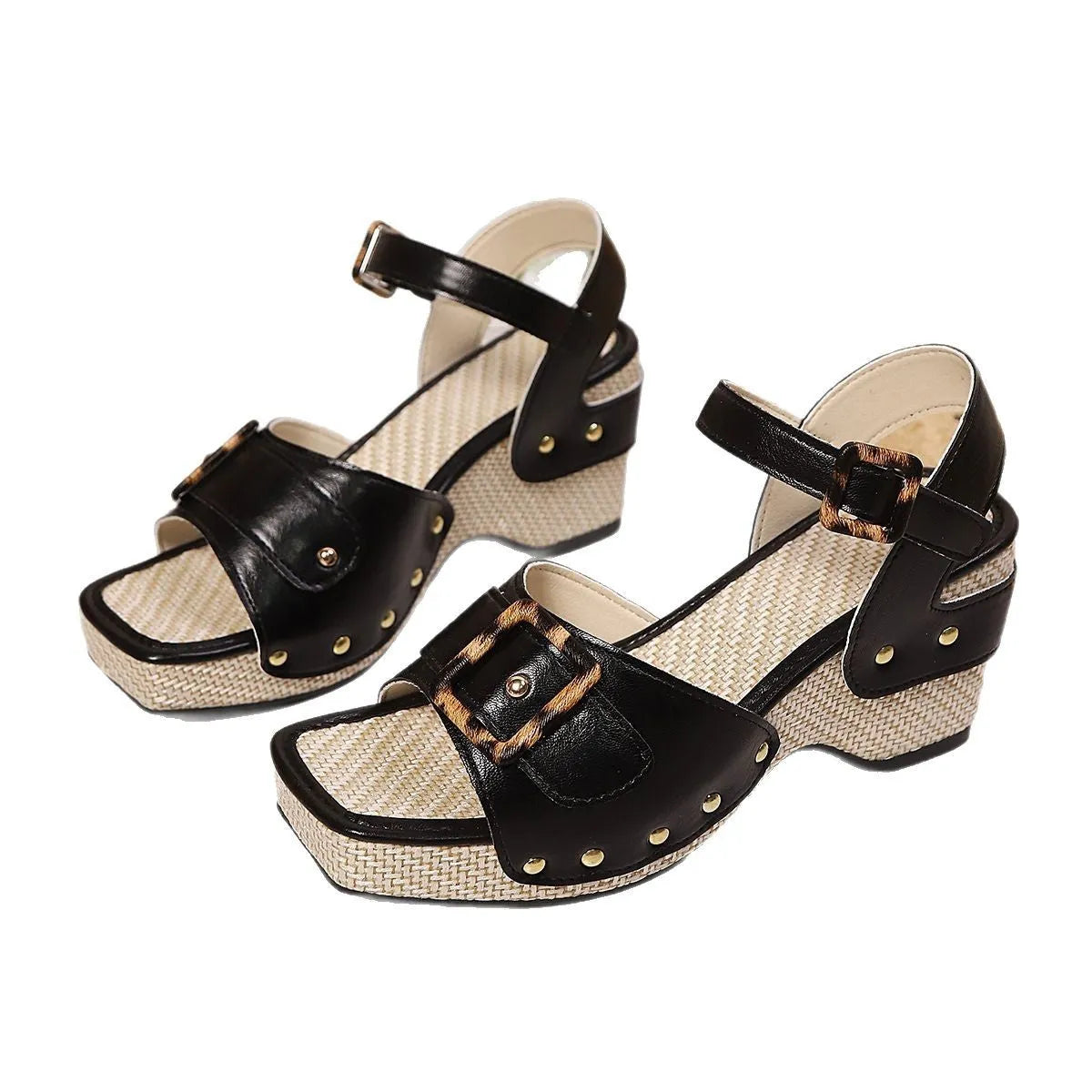 Women's white chunky heel sandals with square toe and metal buckle closure on rubber sole