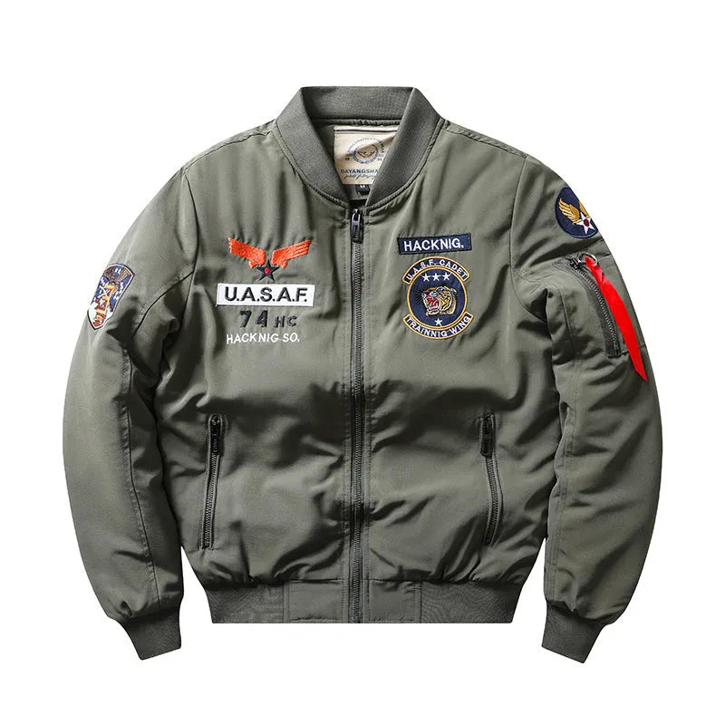 Slim-fit men's motorcycle coat with stand collar and retro embroidery in quilted black fabric.
