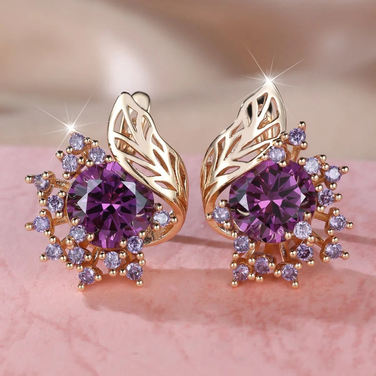 Round flower feather zircon earrings in champagne gold with coloured diamond options