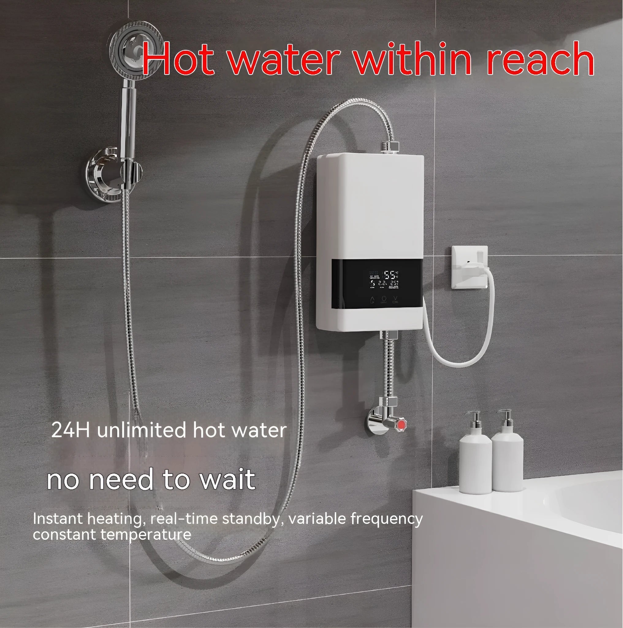 Household instant water heater with LED touch screen display in gold, silver or white finish