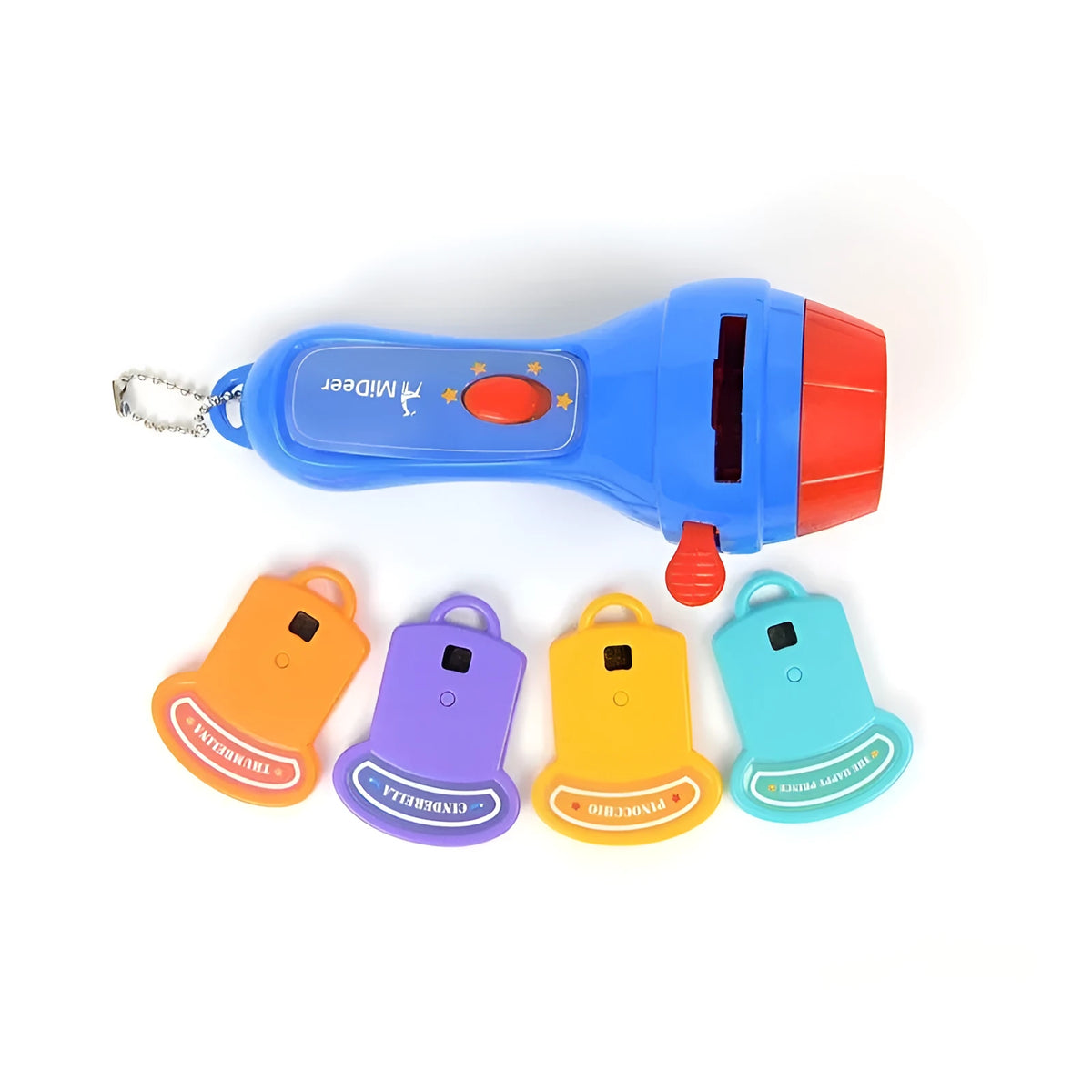 SmartKids children's storybook projector torch with four clip-on fairy tale discs projecting images on bedroom wall