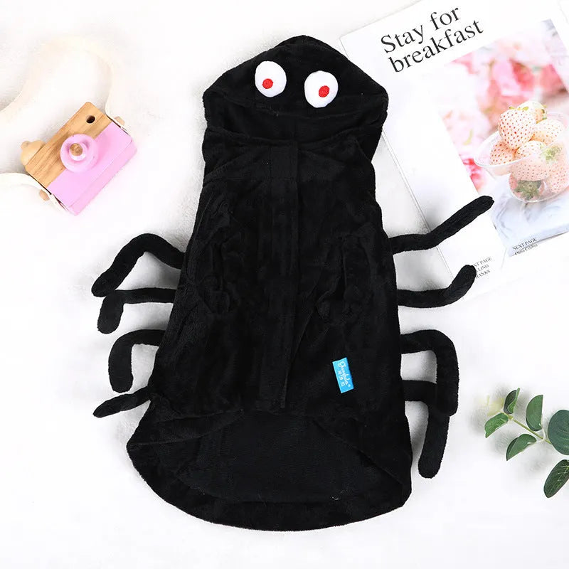 Black spider web pattern dog costume showing front view on pet
