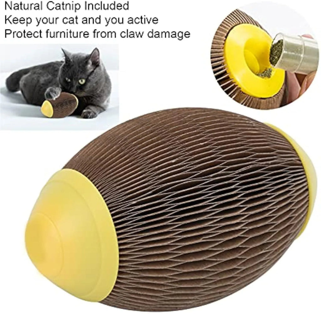 Green corrugated paper catnip football toy with scratching surface and catnip cavity.