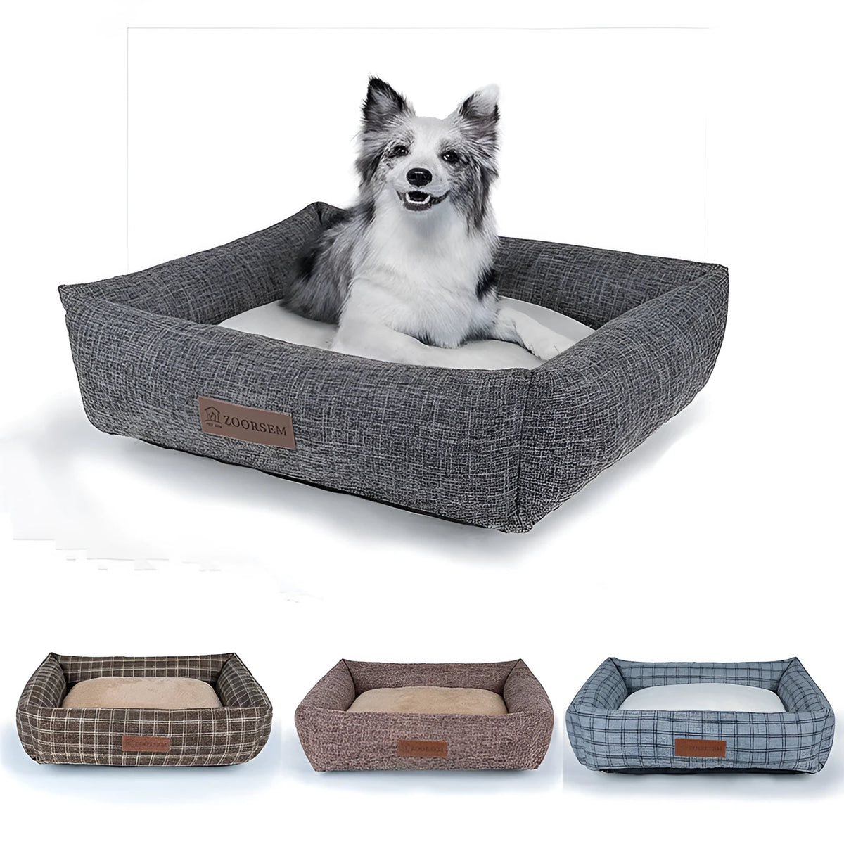 Grey linen-style square cloth dog bed for medium-sized dogs