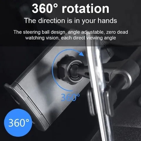 Black car phone holder mounted on rear seat base with universal tablet cradle