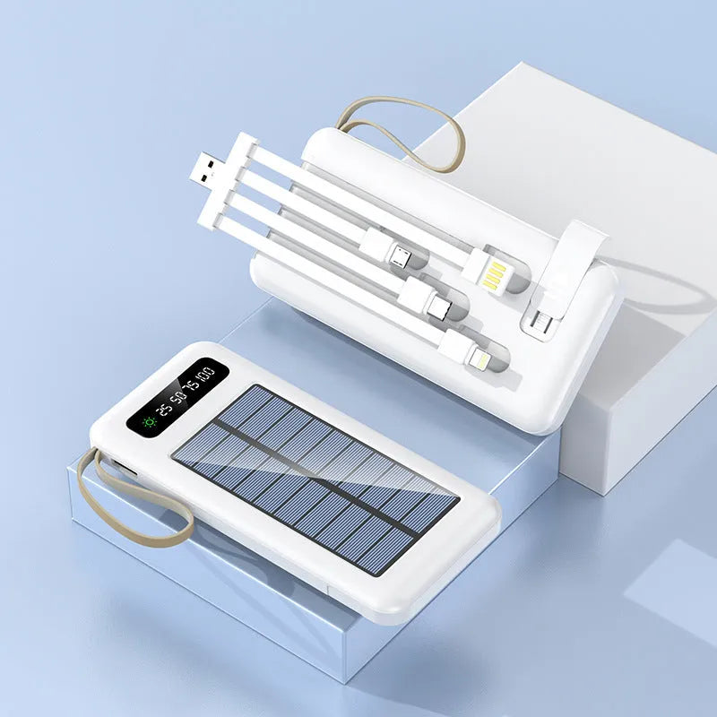 Solar power bank portable charger in black or white with built-in solar panel and high 20000mAh or 30000mAh capacity