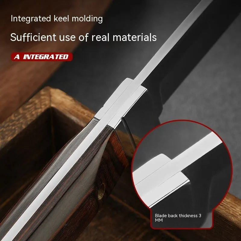 Camping portable fruit knife with stainless steel blade in a national style leather case.