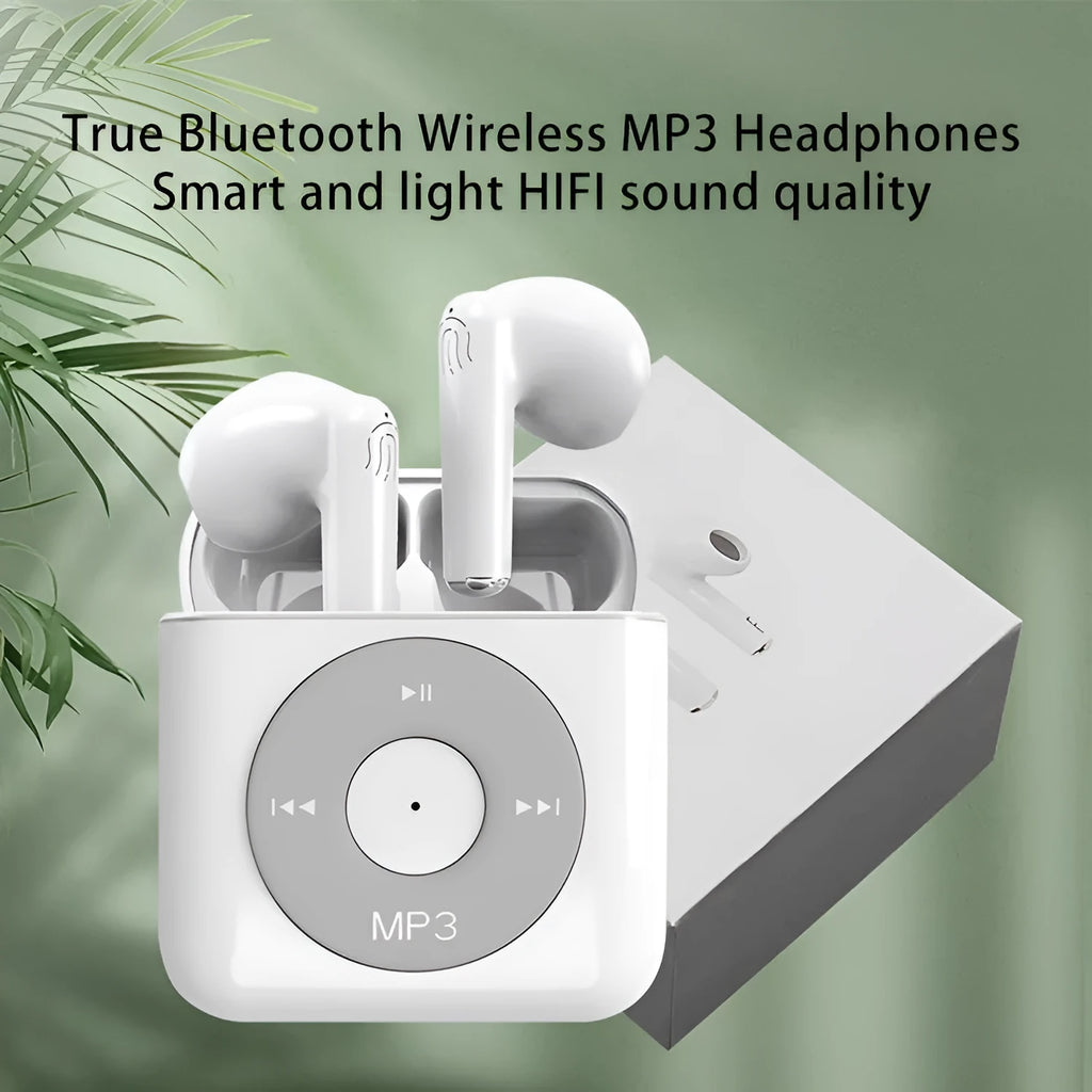 White wireless Bluetooth 5.0 semi in-ear earphones with charging case and noise reduction feature