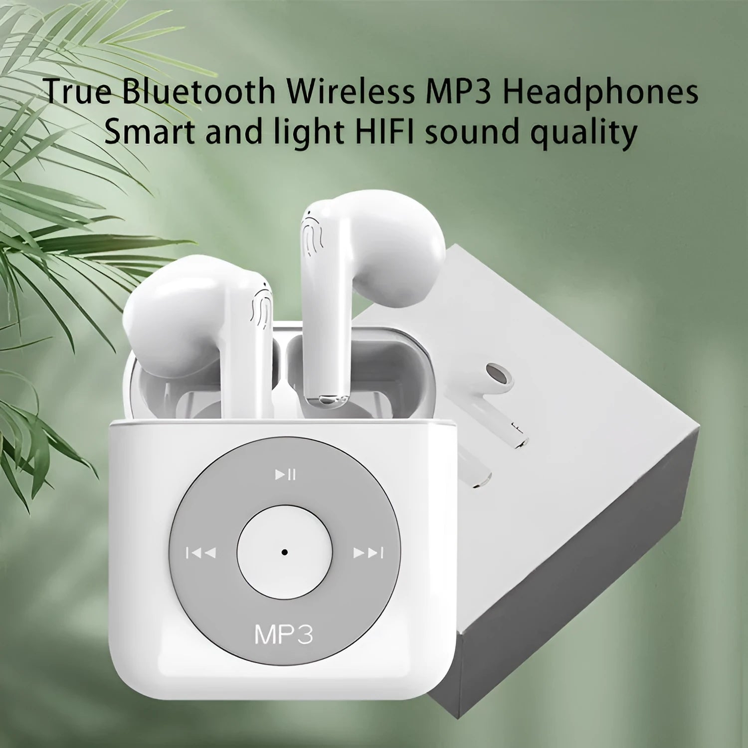 White wireless Bluetooth 5.0 semi in-ear earphones with charging case and noise reduction feature