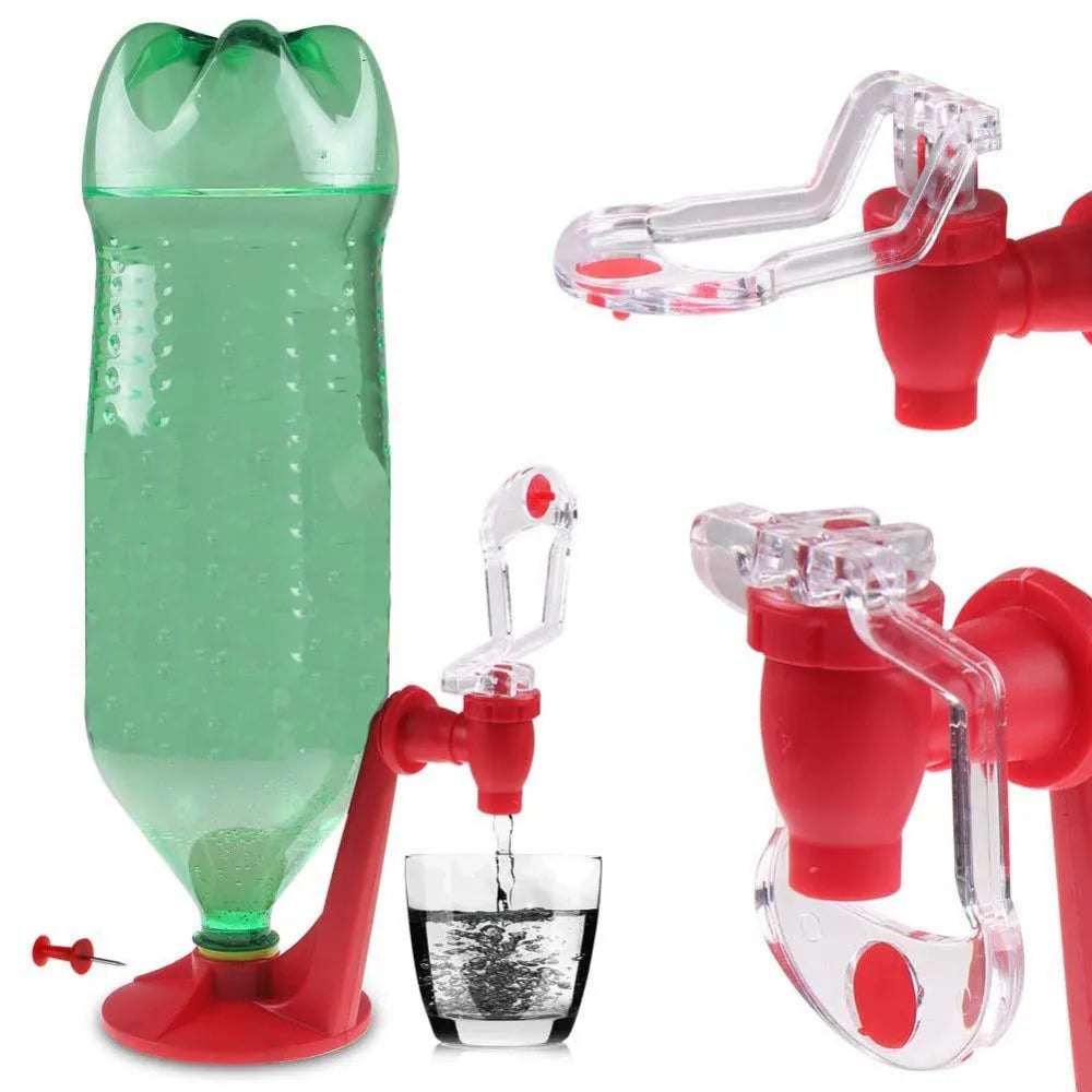 Red plastic Magic Tap soda bottle dispenser with push-button tap for 2-litre bottles.