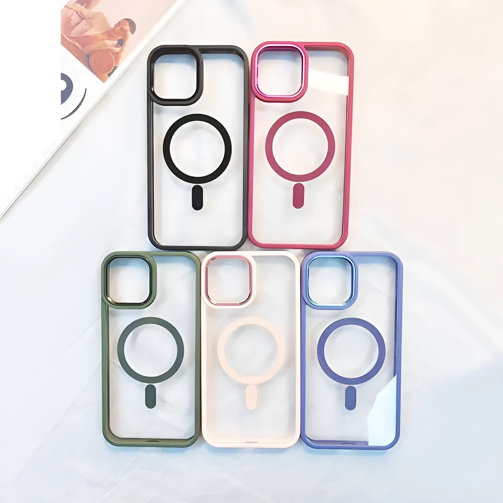 Transparent magnetic silicone iPhone case showing colour options including green, red, and blue