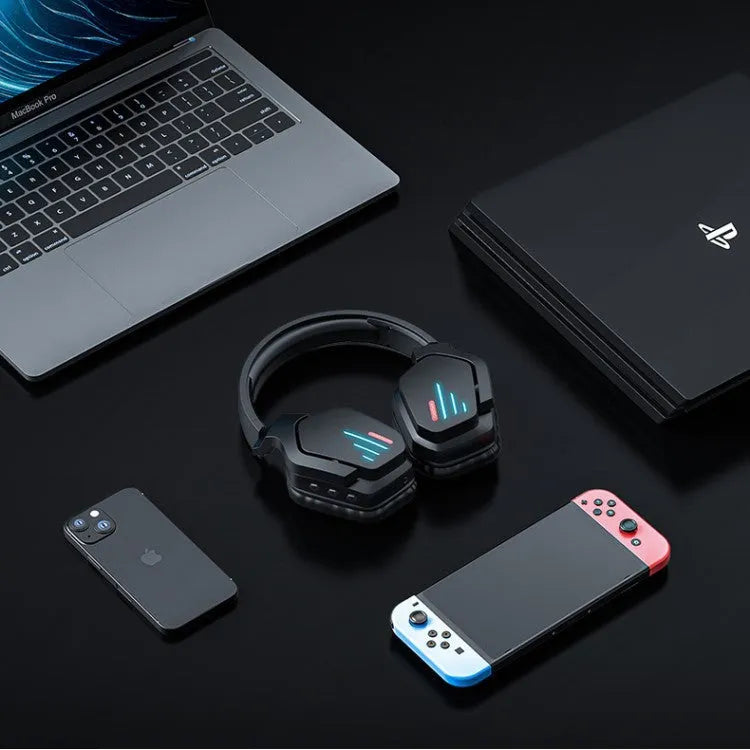 Luminous black wireless over-ear headphones with adjustable headband and earcups