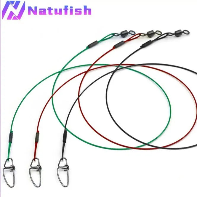 Set of 10 green steel wire double buckle fishing bite leaders showing 54cm length