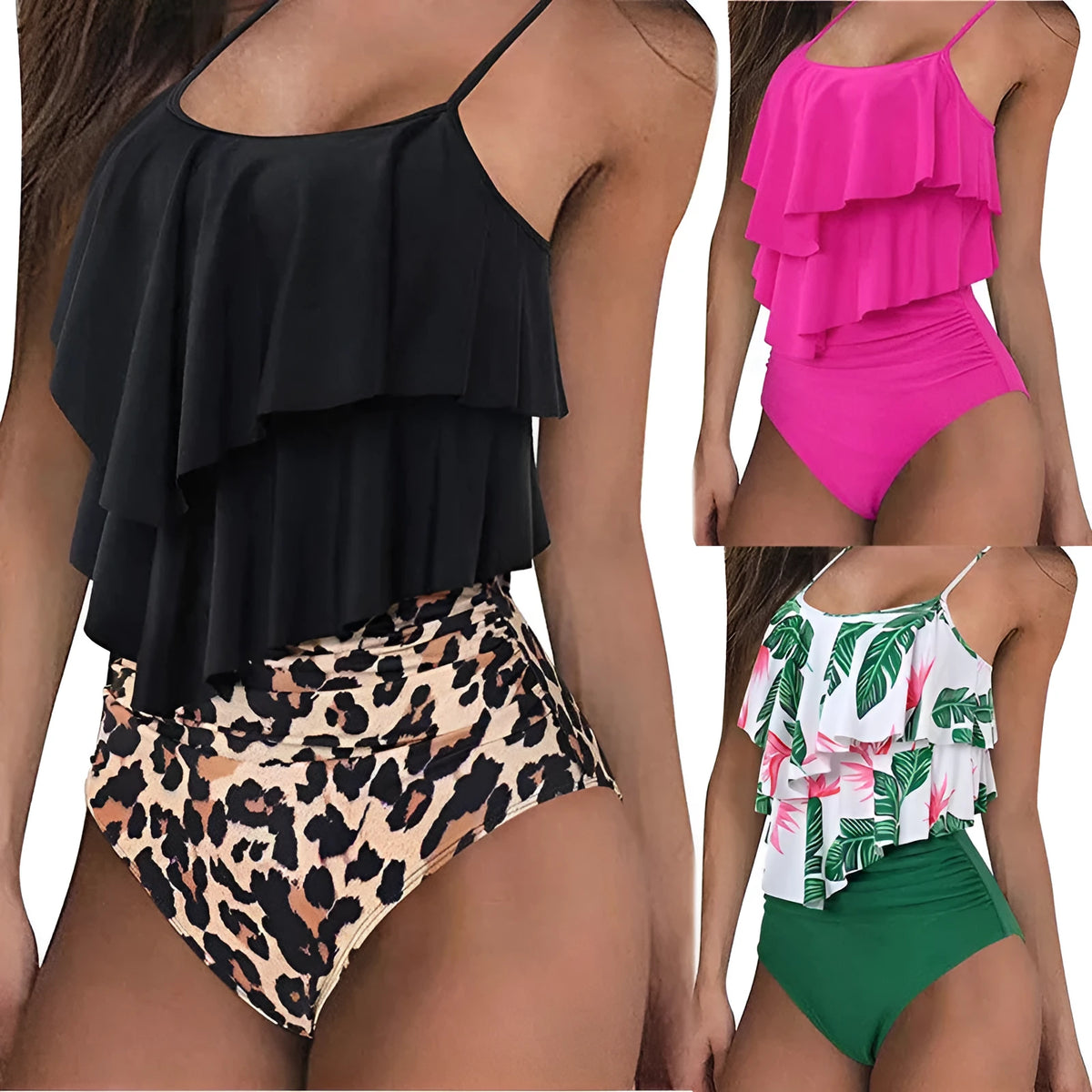 Ruffled bikini swimsuit in polyester with lining, available in black, green, and rose red, sizes S to XL