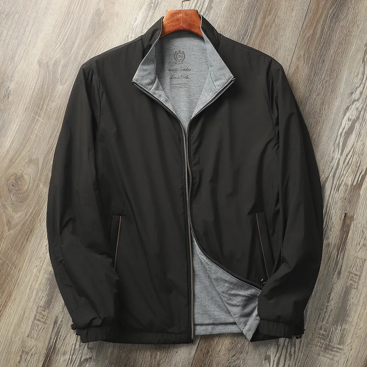 Men's stand collar business casual jacket in polyester fabric with cotton lining
