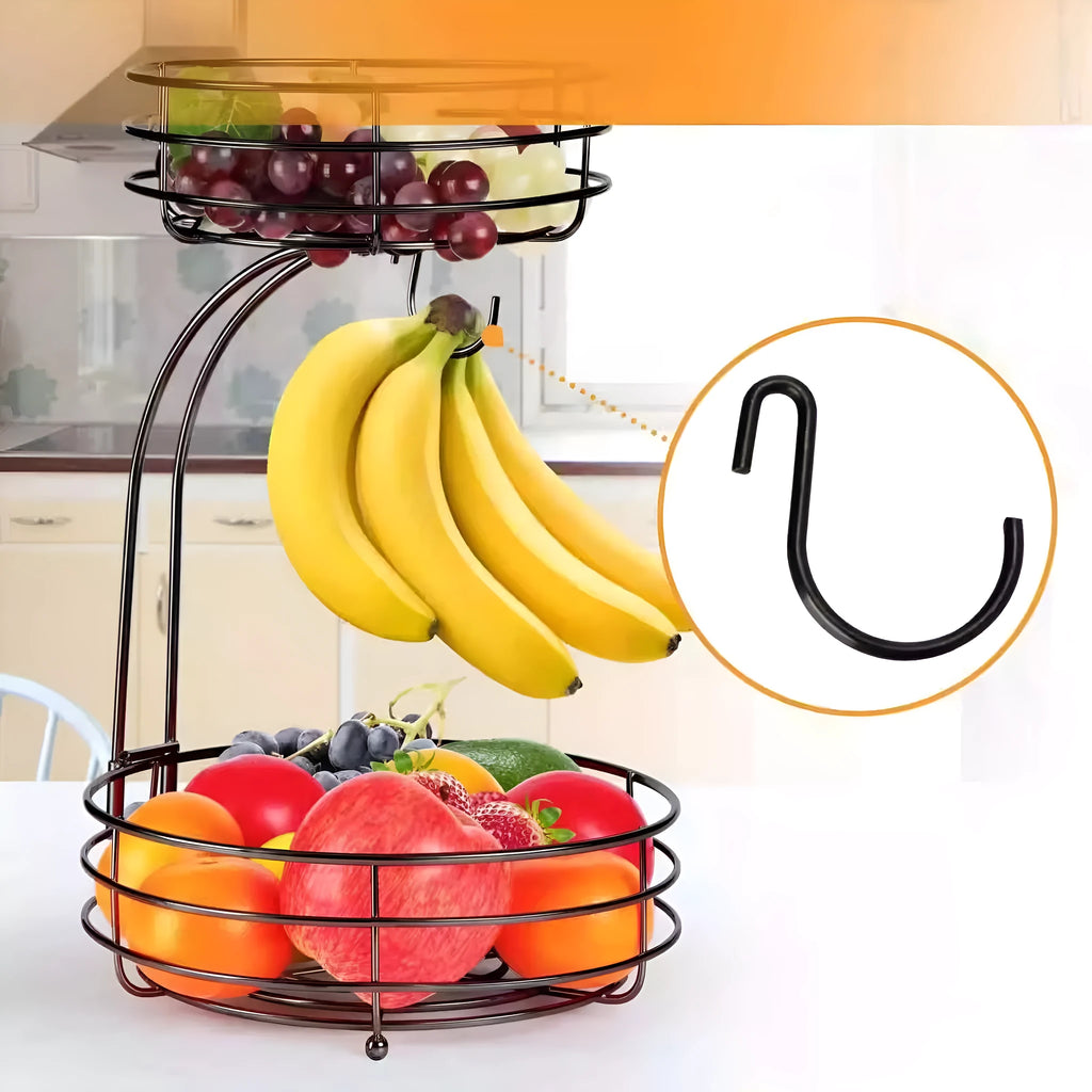 Black double-layer wrought iron fruit basket with two storage tiers for organising fruits and vegetables.