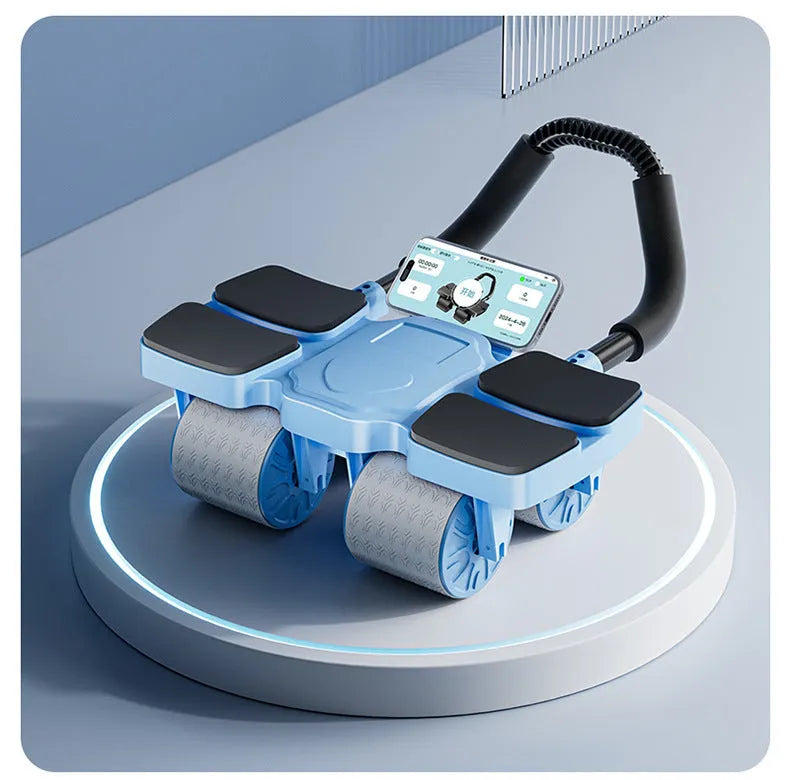 Abdominal exercise wheel with automatic rebound mechanism and four wheels for core training