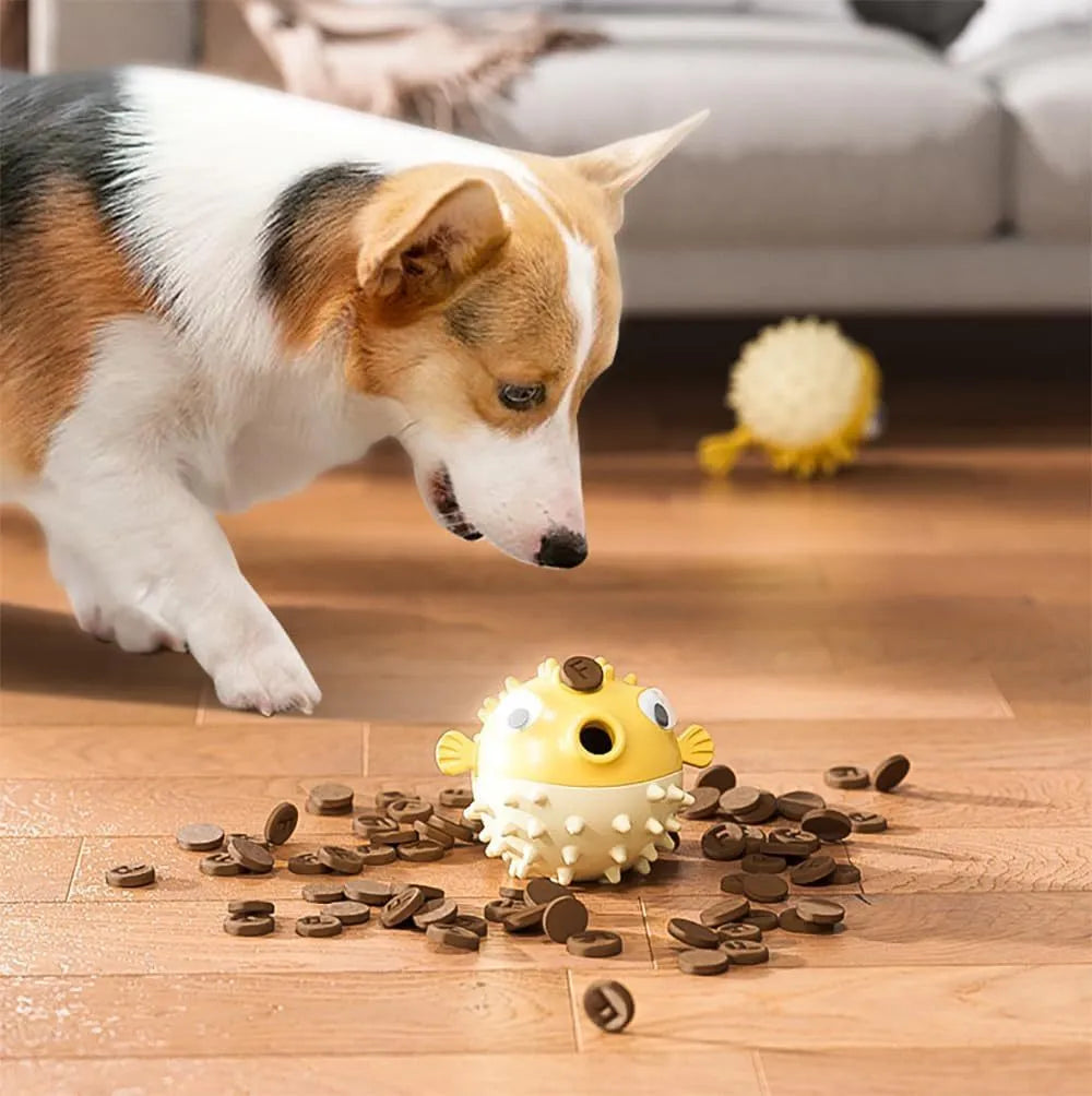 Green fish-shaped dog toy with treat dispensing cavity and raised surface particles