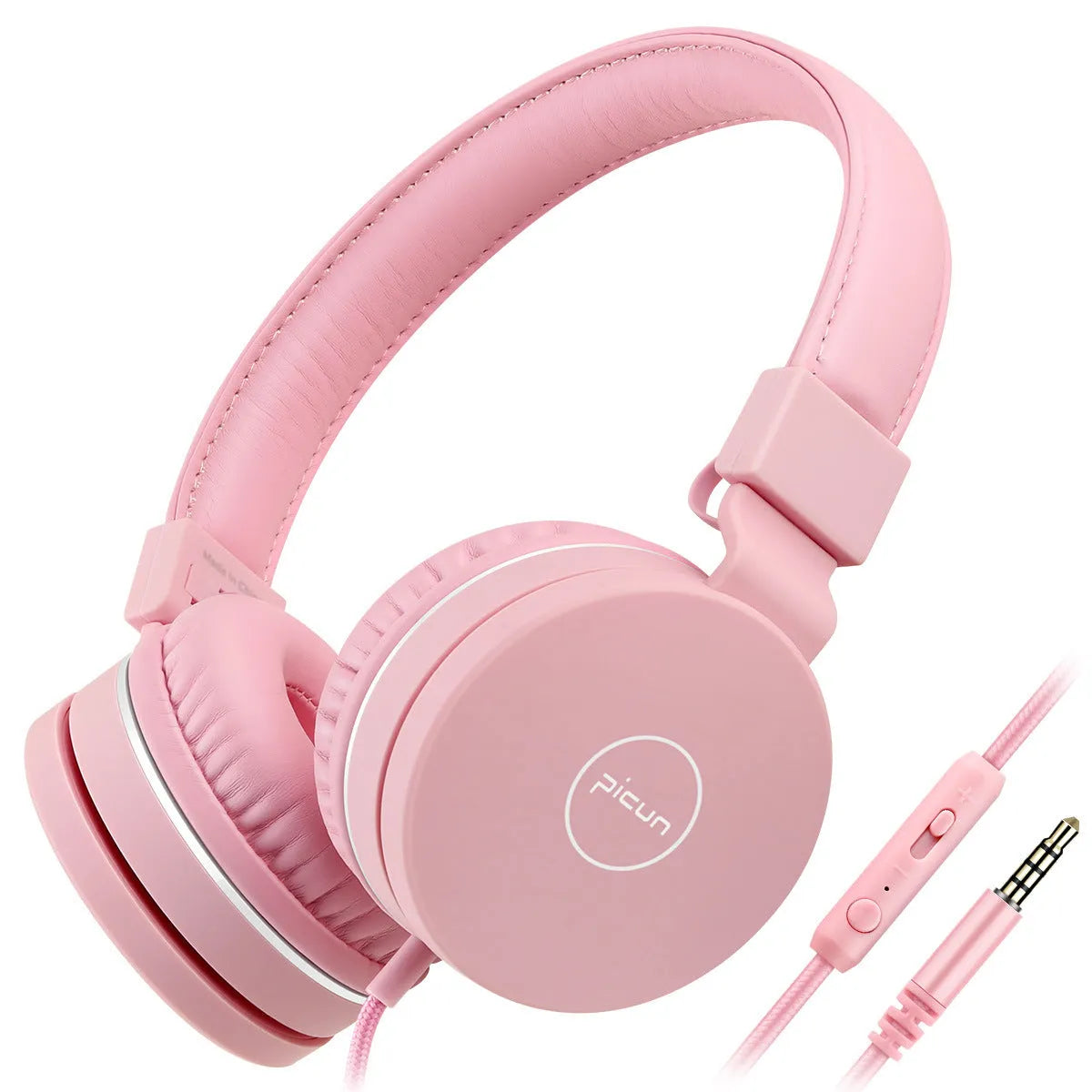 Wired over-ear headset with 3.5mm plug, 40mm drivers, microphone, and protein material earmuffs in pink