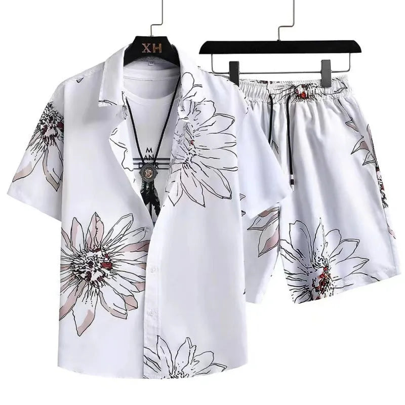Man wearing a digitally printed short sleeve shirt and matching shorts from a casual cardigan suit set.