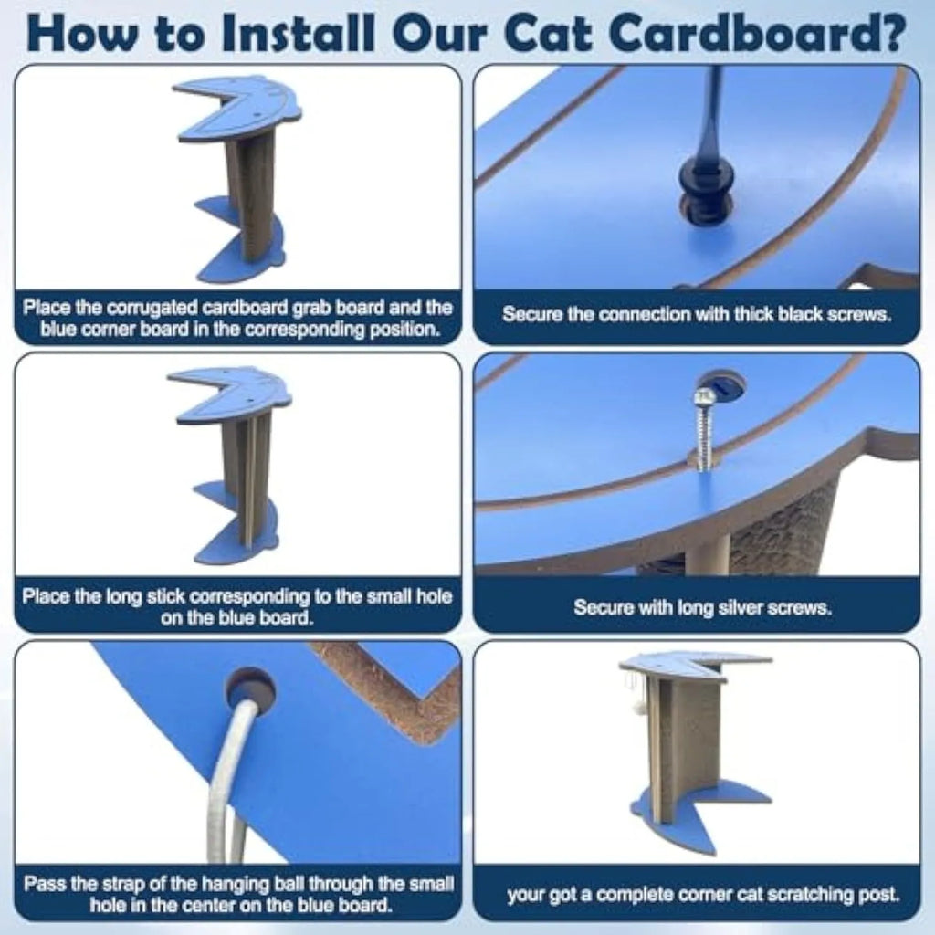 Cat corner scratching pad with hanging ball mounted on wall for furniture protection