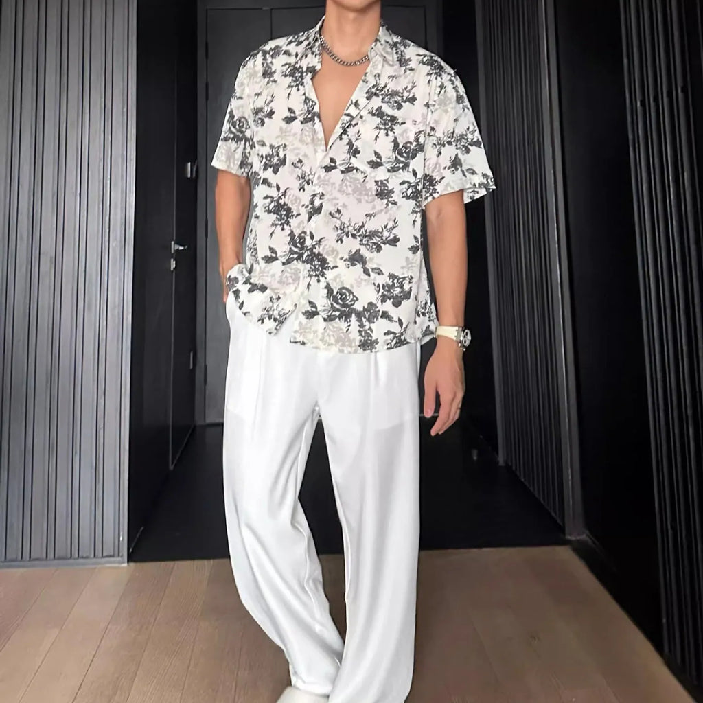 Men's loose fit casual shirt with floral pattern and short sleeves in black or white