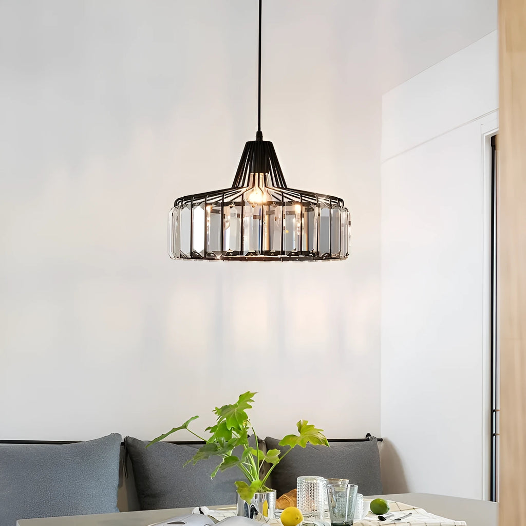 Modern black and crystal LED chandelier ceiling lamp with colour changing lights.