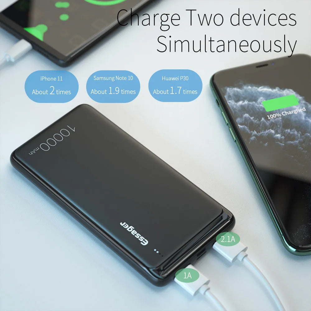 Black or white Essager 10000mAh portable power bank showing dual USB ports and LED indicator lights.