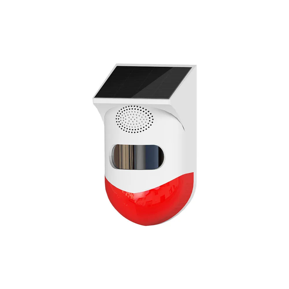 Solar-powered infrared security alarm with wall mount for outdoor property protection