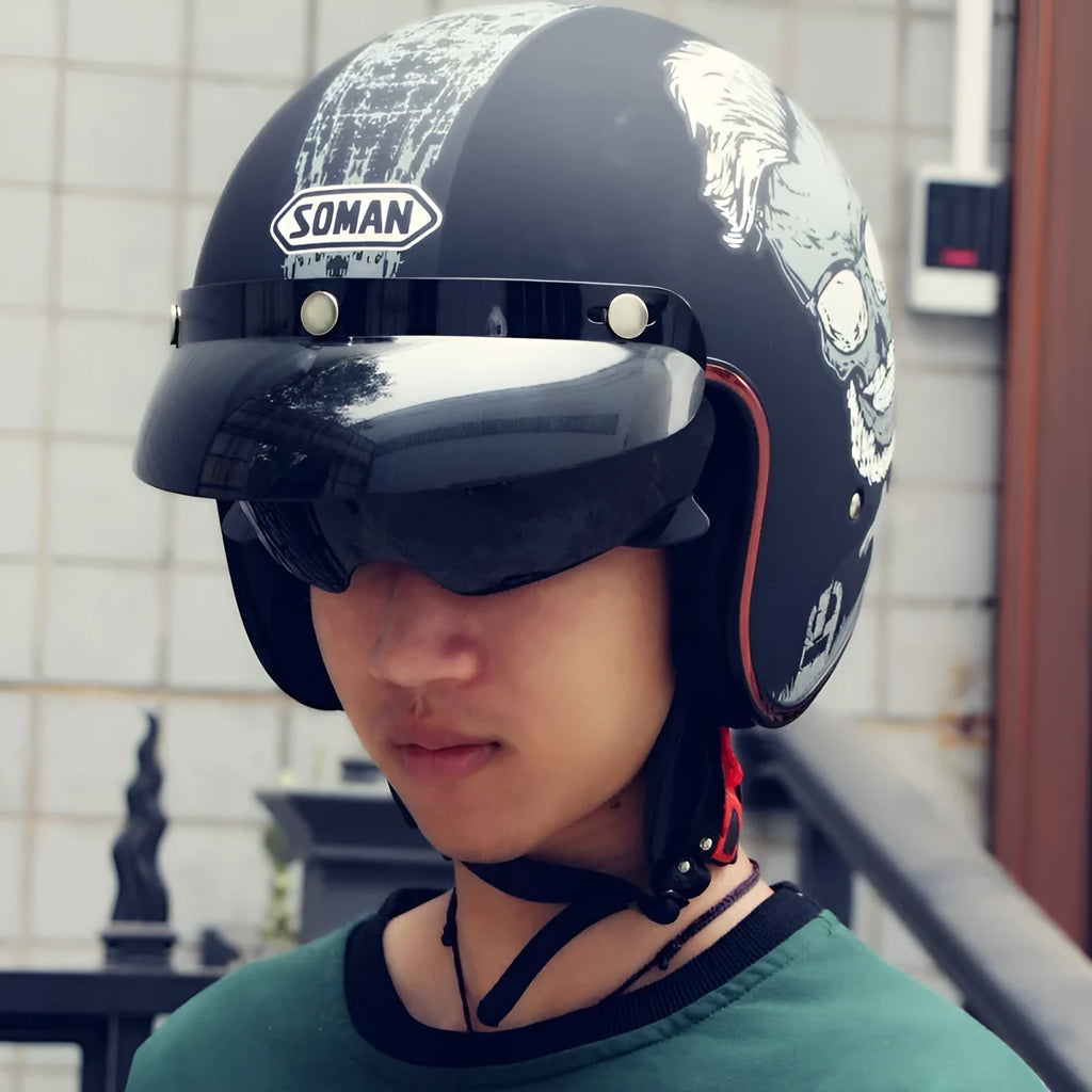 Retro electric bike half helmet in ABS construction showing multiple colour options and size variations