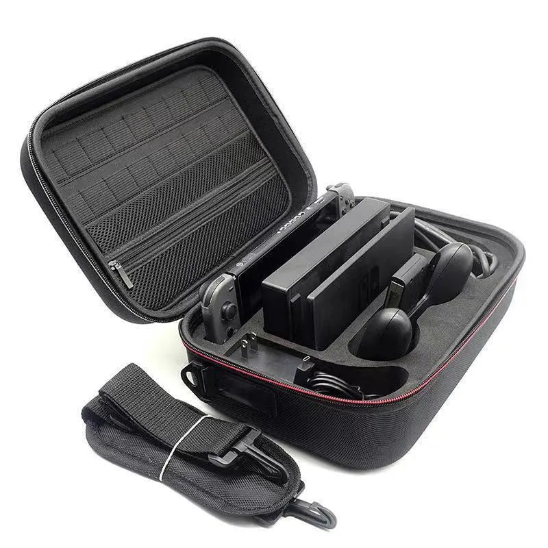 Black EVA game console accessory storage bag showing dimensions and 5kg weight capacity