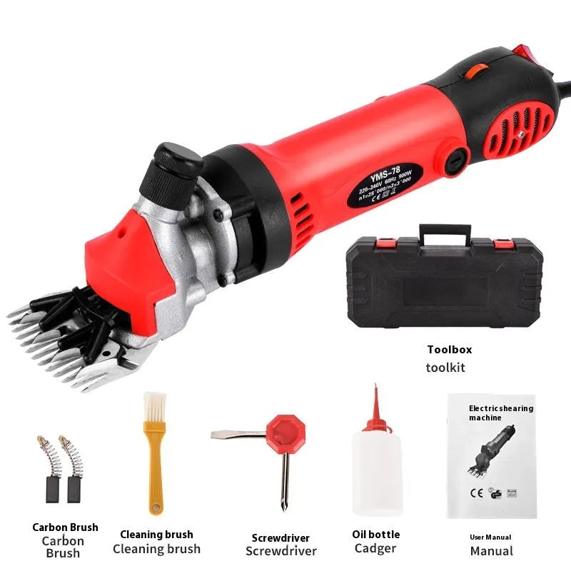 Yellow electric wool shears with 110V plug and multiple cutter heads for animal shearing