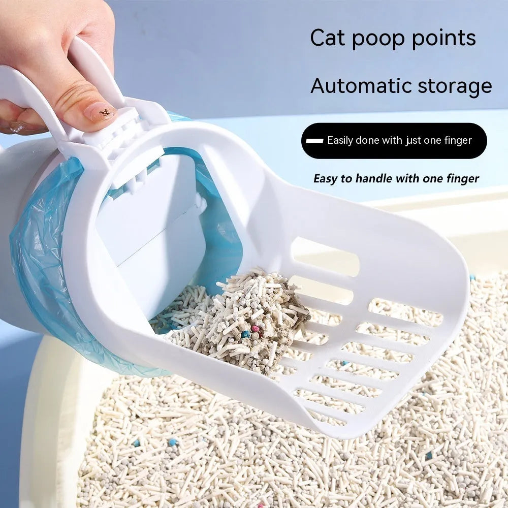 Grey cat litter scoop attached to a lidded waste bin with a foldable bottom and non-slip handle.