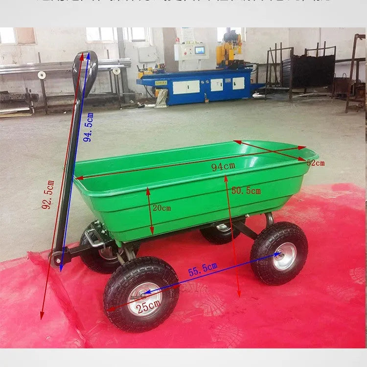 Green four-wheel plastic dumptruck with steel and PP construction, model TC2145