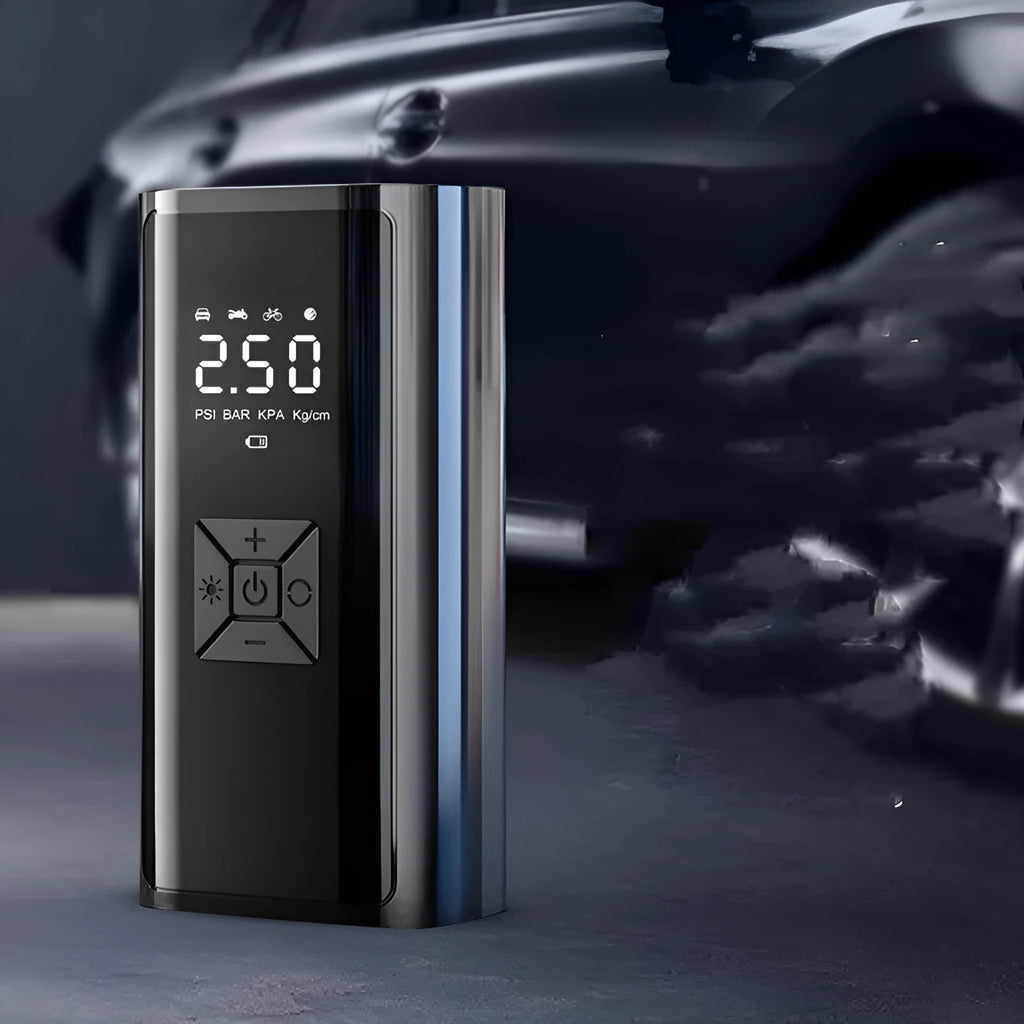 Portable wireless digital display car tyre pump with LED light and USB charging port