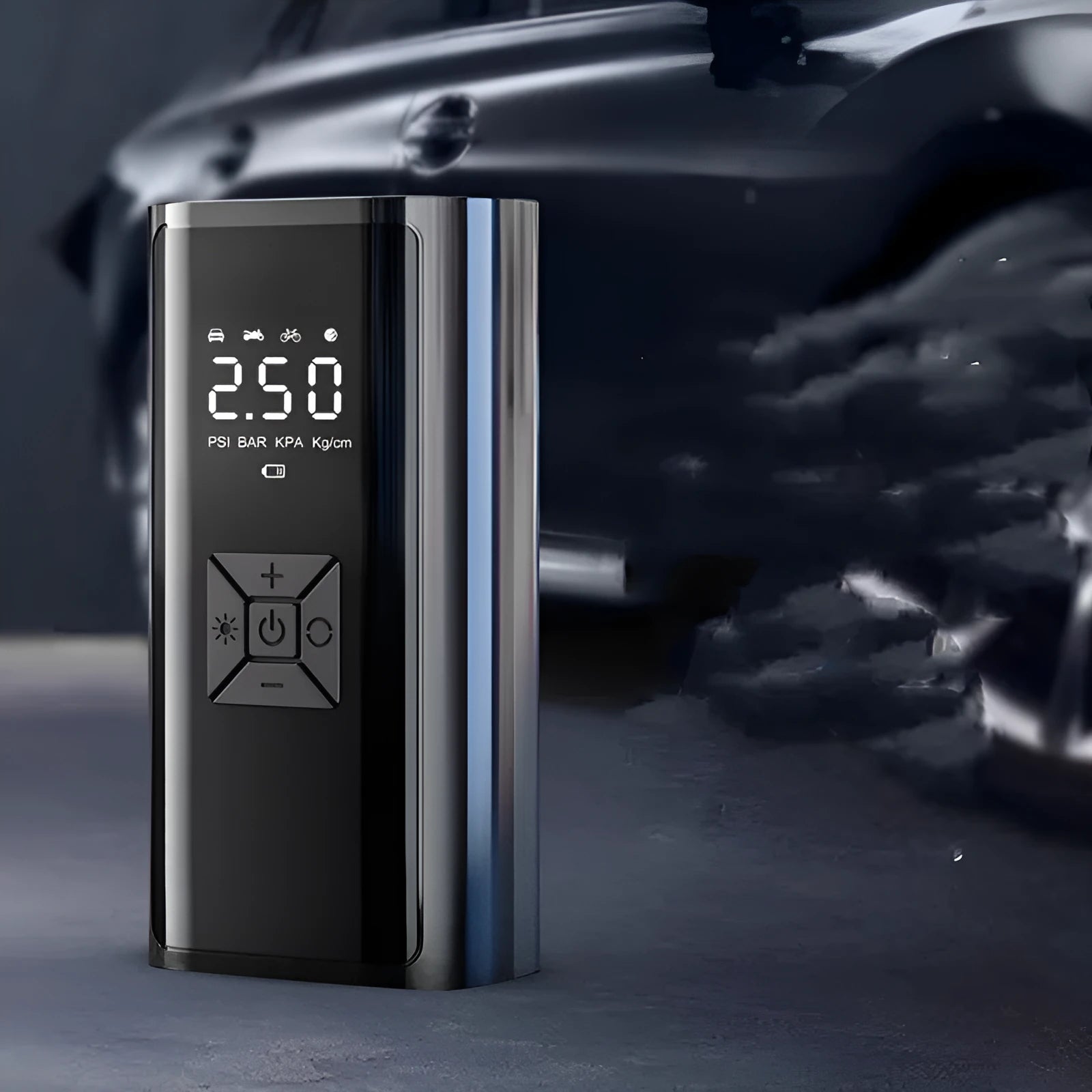 Portable wireless digital display car tyre pump with LED light and USB charging port
