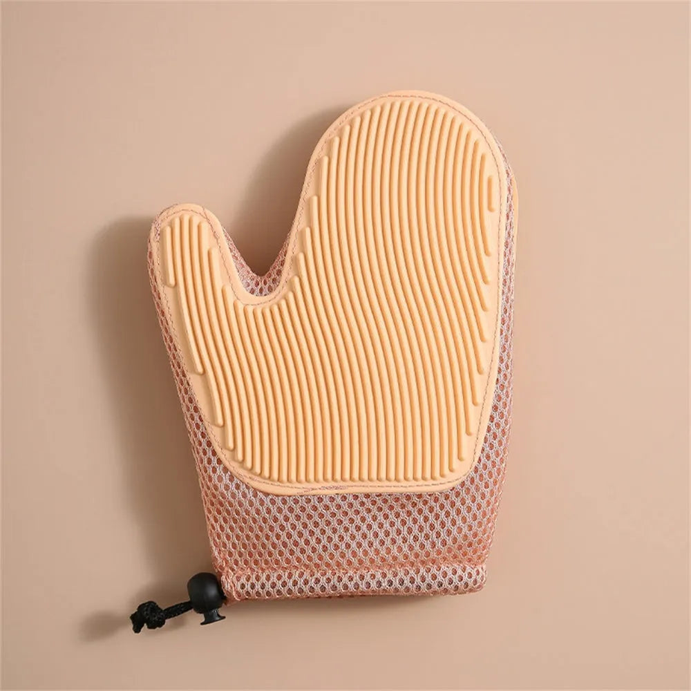 Pet grooming glove in dark blue, light green or yellow for removing cat and dog hair during bathing