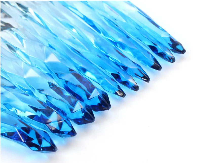 10 crystal handle foundation brushes showing black, blue, red, and yellow colours with 17.5cm length