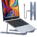 Aluminium alloy folding laptop stand with built-in 8-in-1 multi-interface HDMI docking hub.
