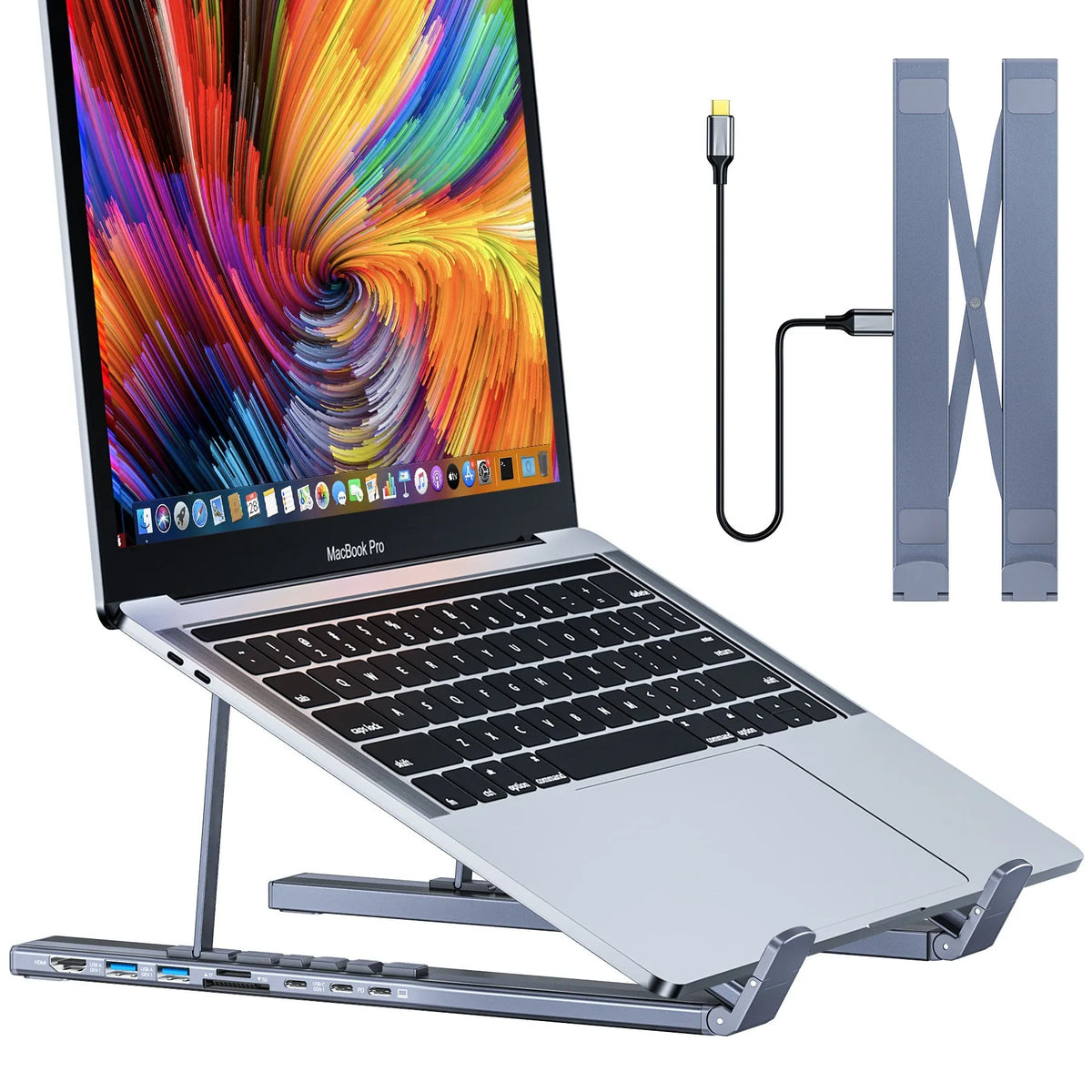 Aluminium alloy folding laptop stand with built-in 8-in-1 multi-interface HDMI docking hub.