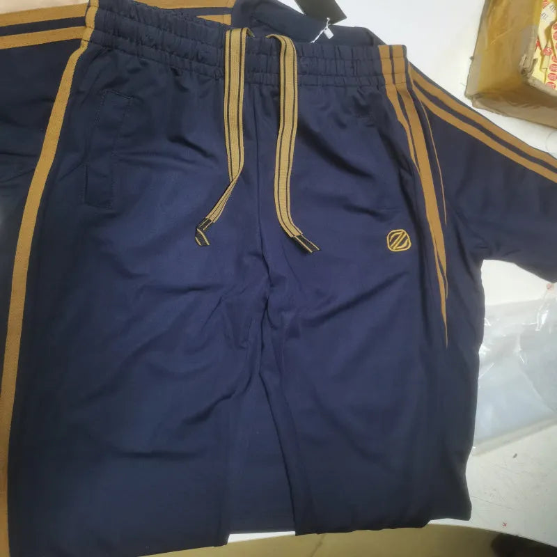 Men's blue ice silk style suit set with short sleeves, showing top and pants.
