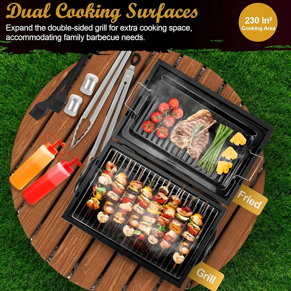Small portable folding desktop charcoal barbecue grill with a metal cooking surface.