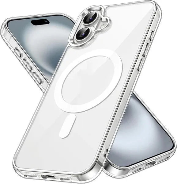 Transparent magnetic straight edge phone case for Apple 16 and 16 Plus with airbag drop-resistant corners.