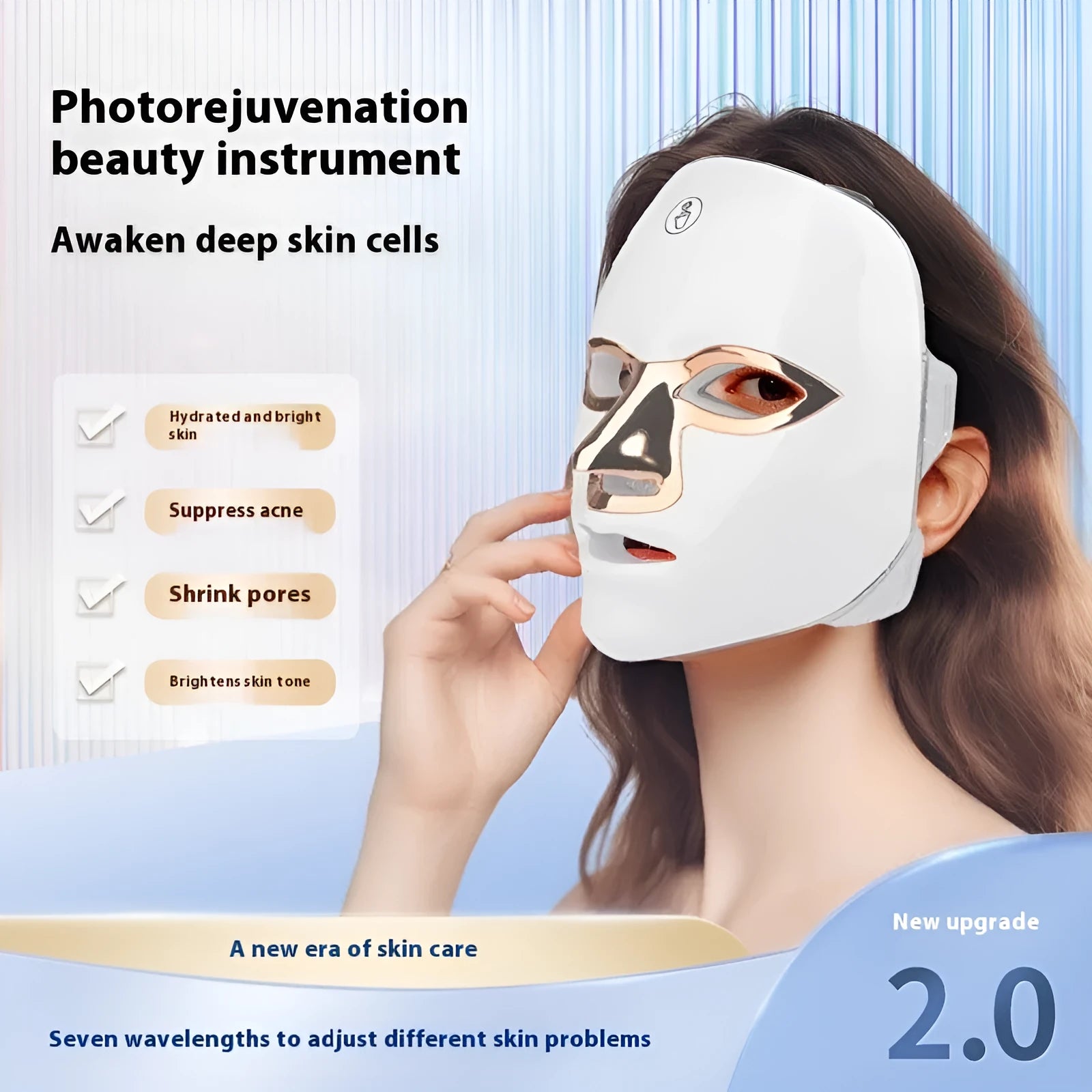 White rechargeable LED beauty mask with touch controls and adjustable head strap on a table.
