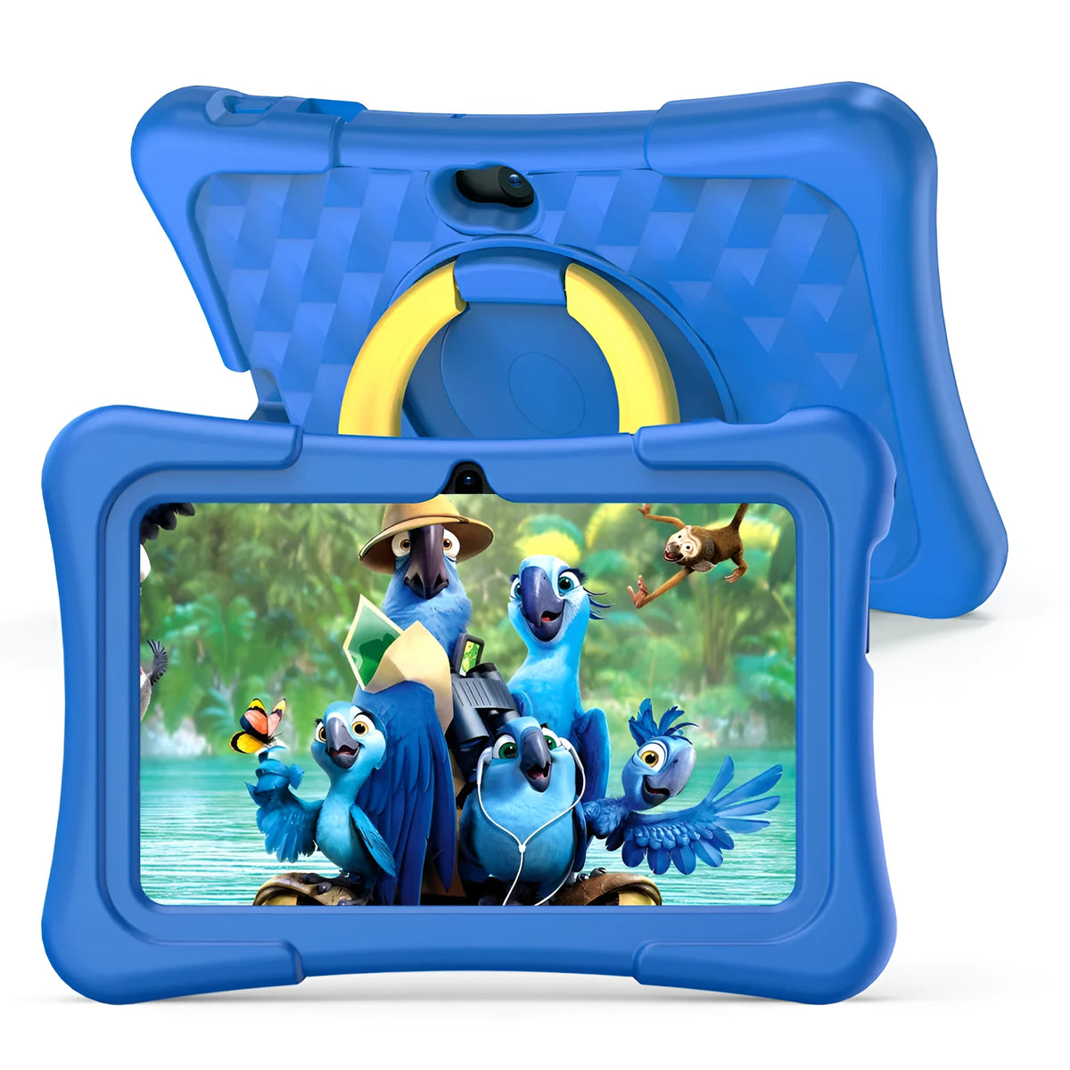 Blue 7-inch children's educational tablet with silicone protective cover and rotating handle bracket